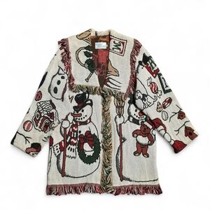 90's Christmas Cardigan Tapestry Afghan Cardigan Fringe Jacket Vtg XL